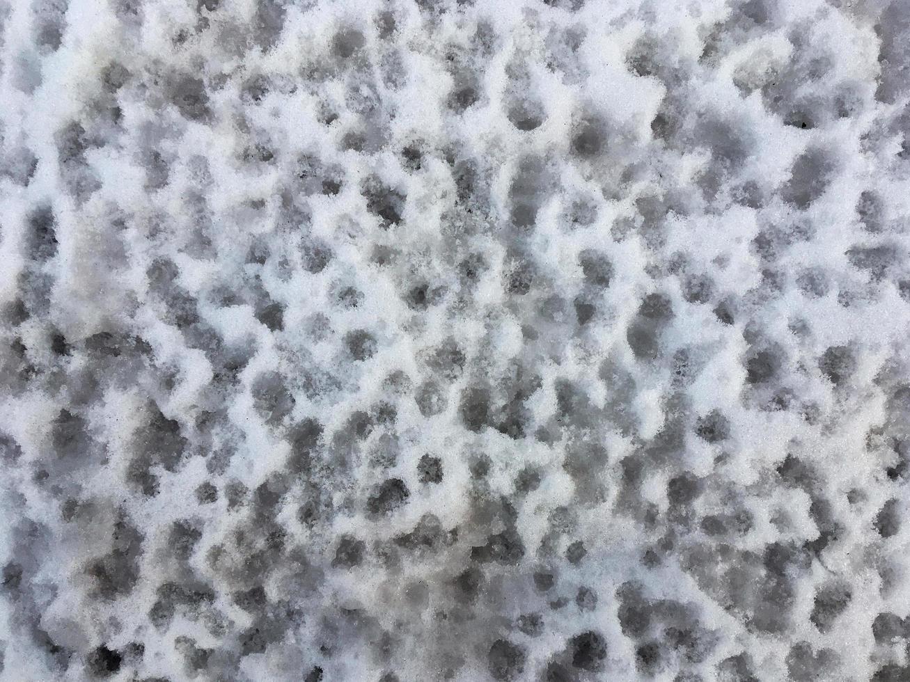 Close-up of footprints in the snow from water drops. Drops in spring photo