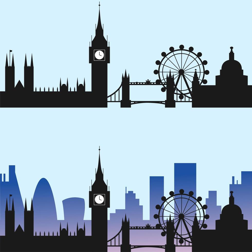 horizonte de londres, silueta de ciudad vieja y nueva. silueta negra y degradado. ilustración de vector de dos opciones