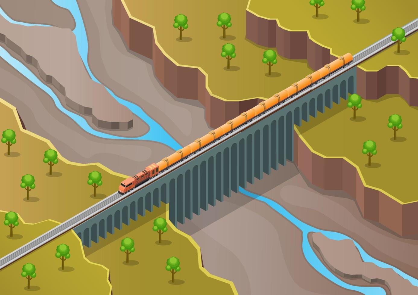 isometric train crossing over the bridge vector