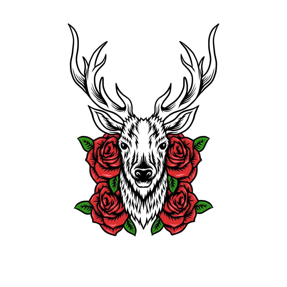 Deer head with roses vector illustration for t-shirt design, logo, mascot logo, emblem, sticker