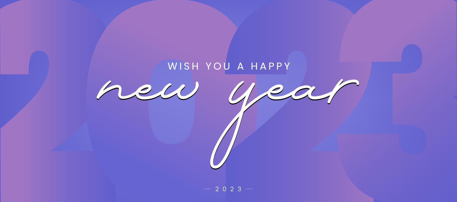 le deseamos un feliz concepto de banner de año nuevo en diseño vectorial. un texto de feliz año nuevo en color pastel. letras tipografía brillo fuegos artificiales gradiente púrpura año 2023 fondo vector