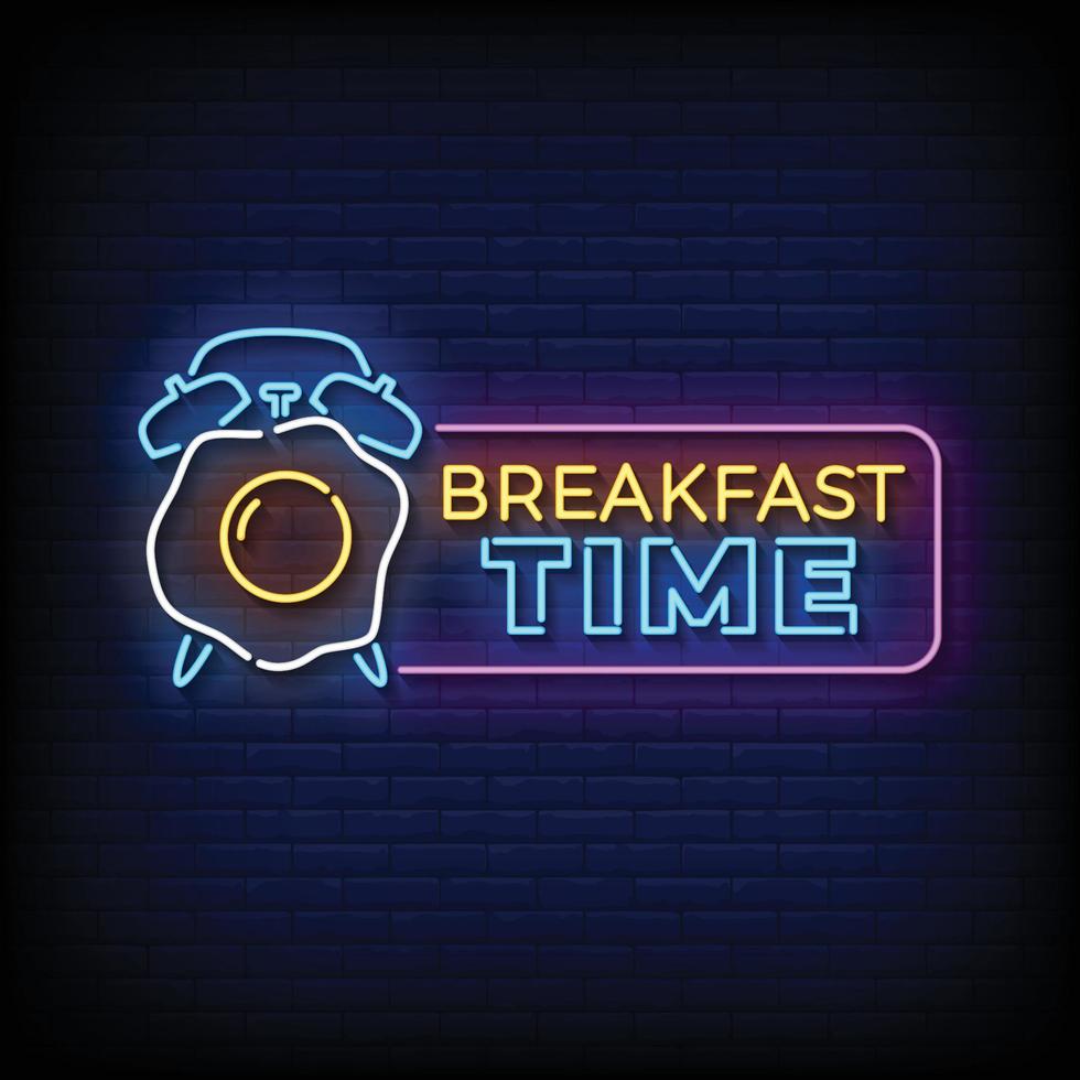 Neon Sign breakfast time with brick wall background vector