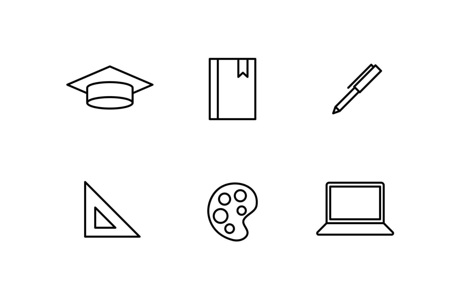 Simple Education Icon Set Black Outline Vector Academic Cap Book Pen Ruler Palette Computer Illustration