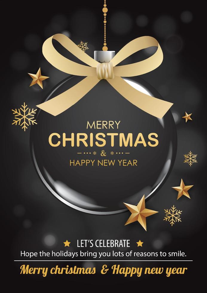 Merry christmas with glass ball for flyer brochure design on black background invitation theme concept. Happy holiday greeting banner and card template. vector