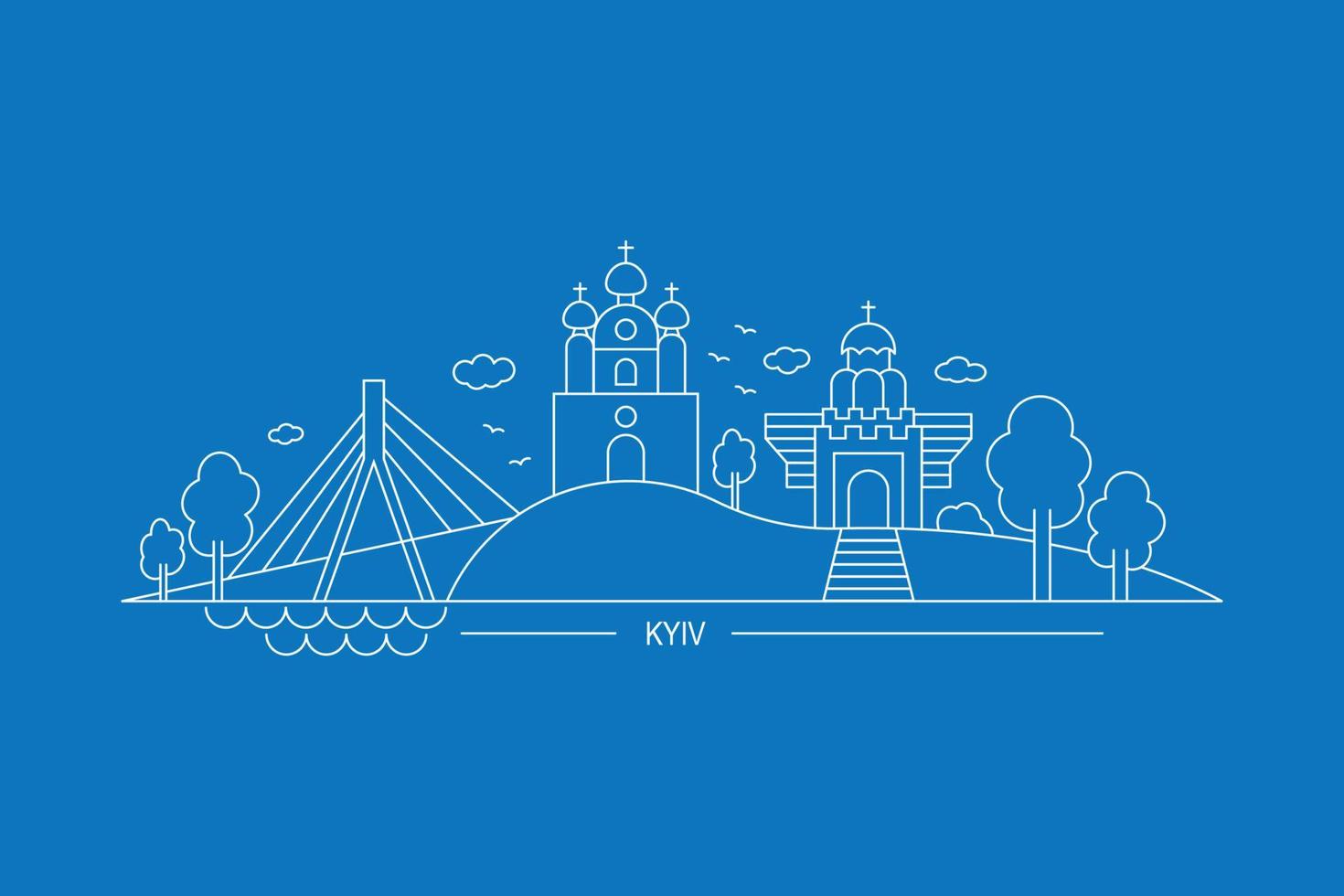 Panorama of Kyiv, the main sights of the capital of Ukraine, flat vector, line art on a blue background, inscription Kyiv vector