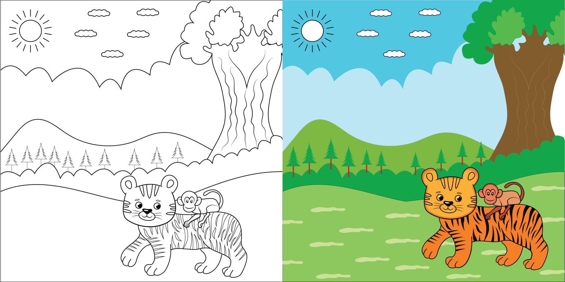 Coloring pages Tiger and Monkey story vector