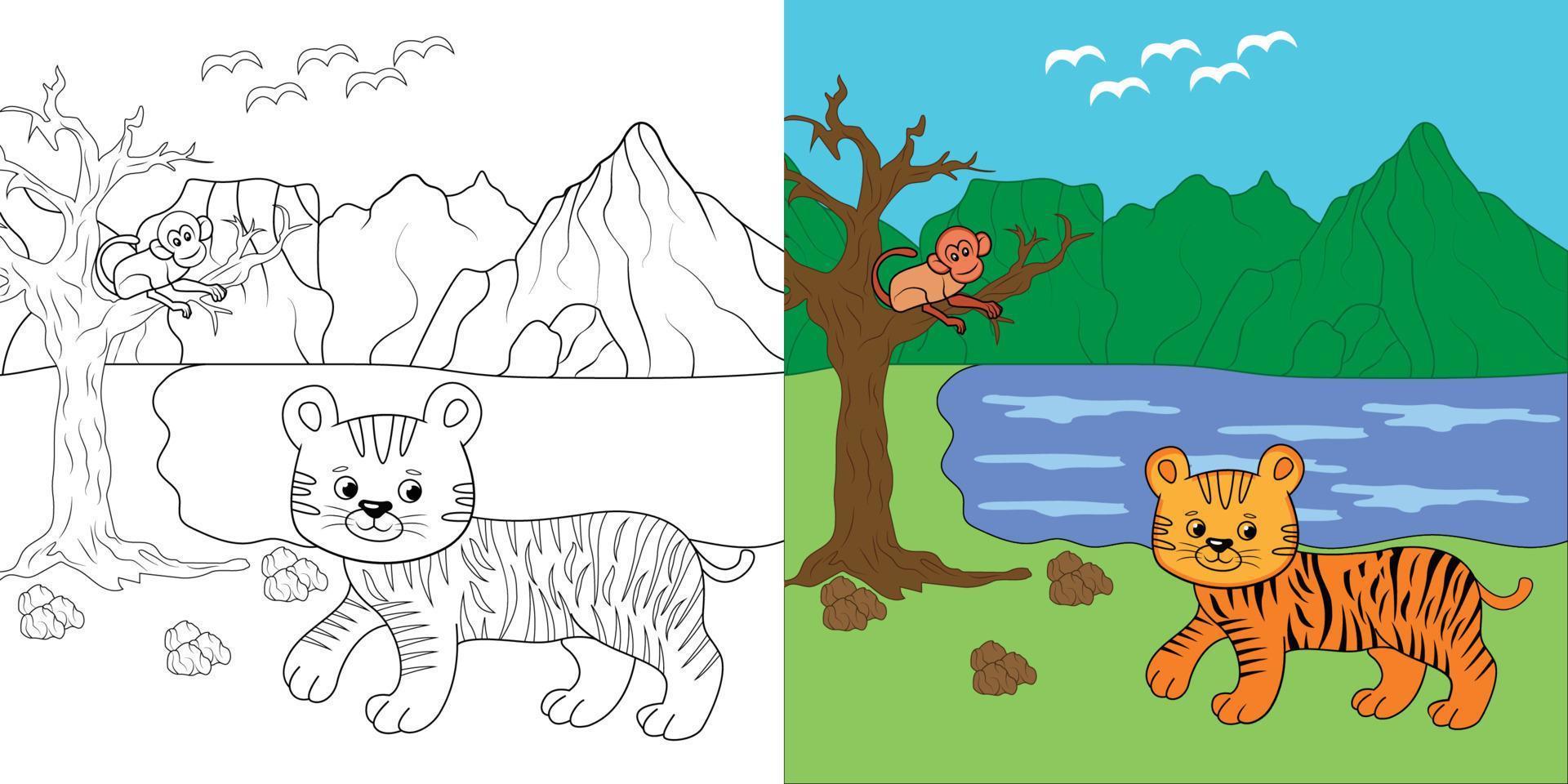 Coloring pages Tiger and Monkey story vector