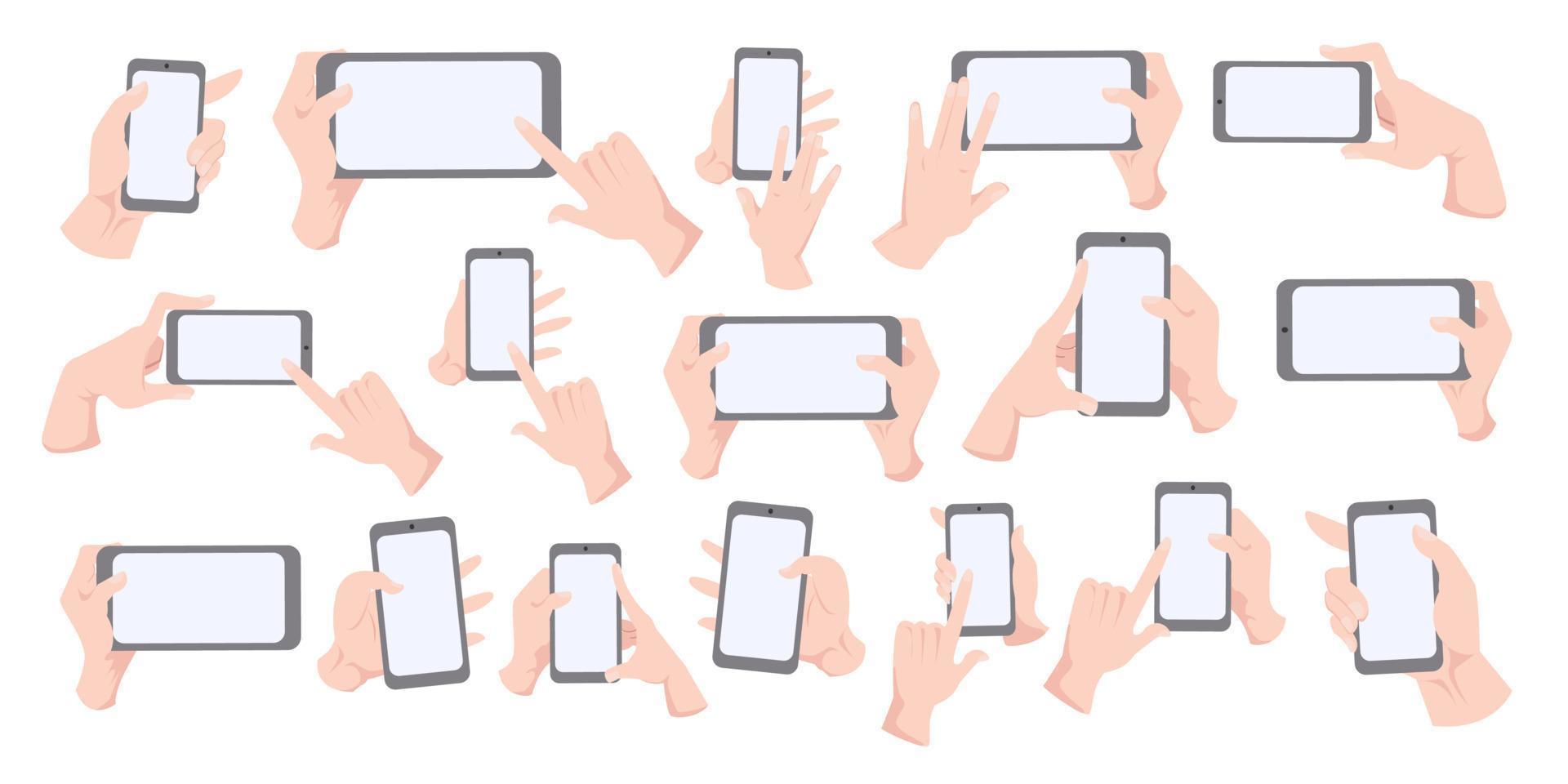 set of hand pose and gesture holding smartphone with empty blank screen vector