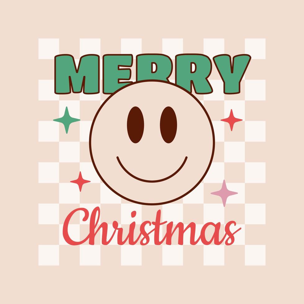 Merry Christmas phrase and holiday quote in groovy retro 1970s style on checkered background. vector