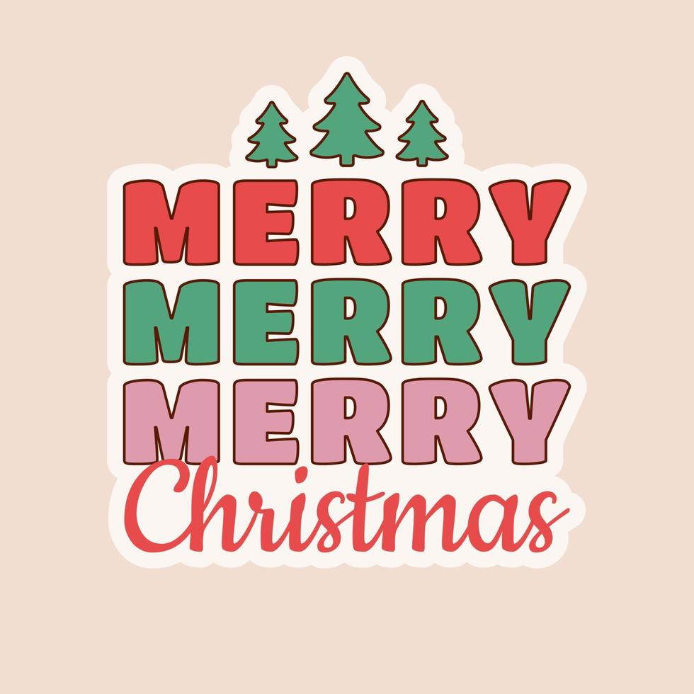 Merry Christmas groovy sticker in trendy hippie retro 1970s style with Christmas trees. vector