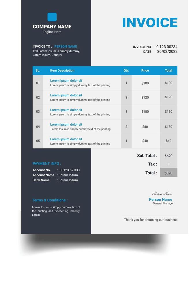 Corporate Invoice or Business Price receipt template, payment agreement template, Invoice bill template and Invoice document template Design vector