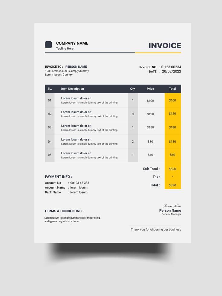 factura corporativa o plantilla de recibo de precio comercial, plantilla de acuerdo de pago, plantilla de factura y diseño de plantilla de documento de factura vector