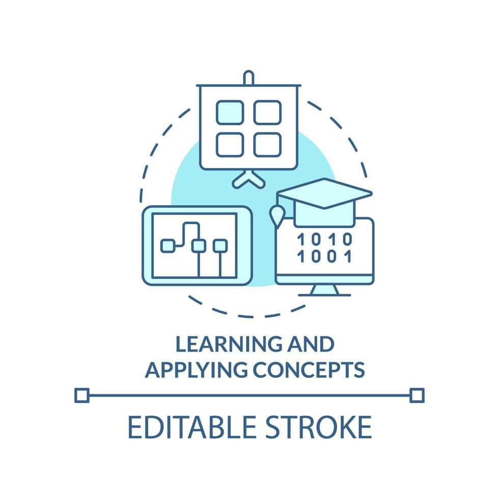 Learn and apply concepts turquoise concept icon. Programming skill abstract idea thin line illustration. Isolated outline drawing. Editable stroke. vector