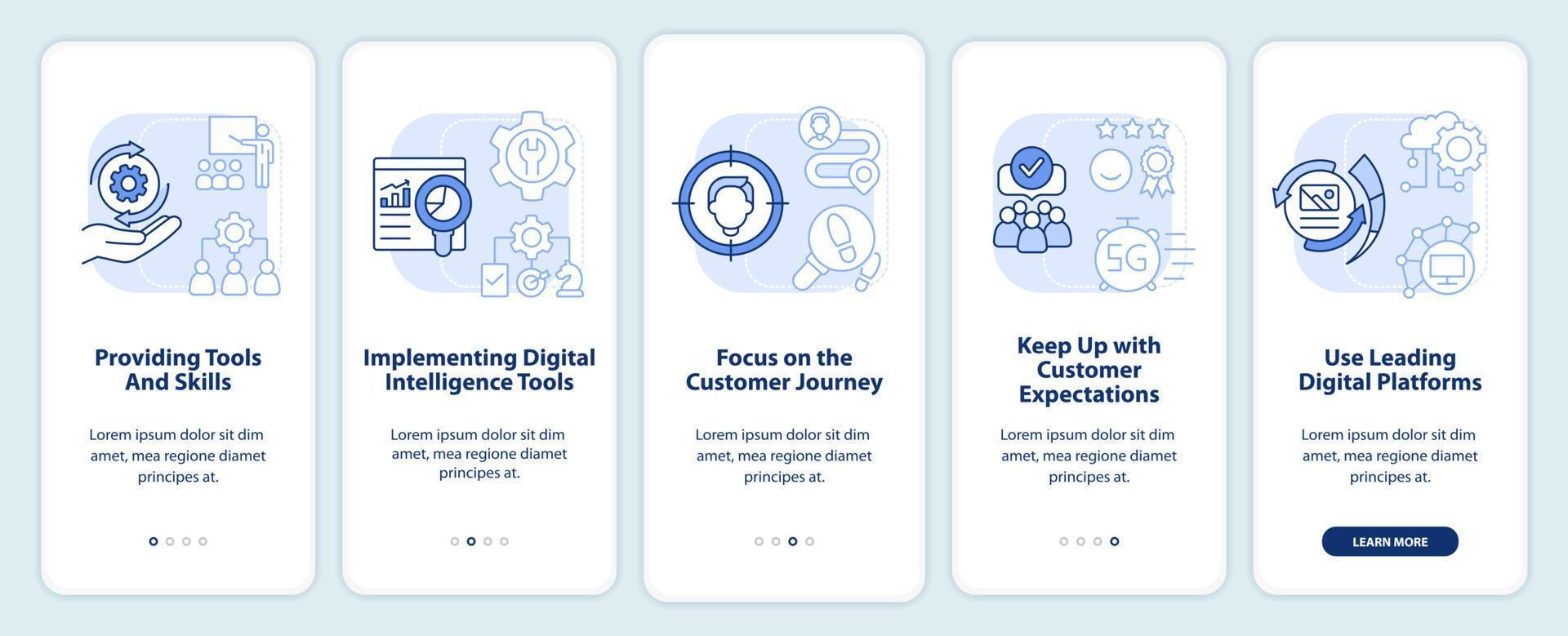 Pantalla de aplicación móvil de integración azul claro de la primera estrategia digital. tutorial 5 pasos páginas de instrucciones gráficas con conceptos lineales. interfaz de usuario, ux, plantilla de interfaz gráfica de usuario. vector