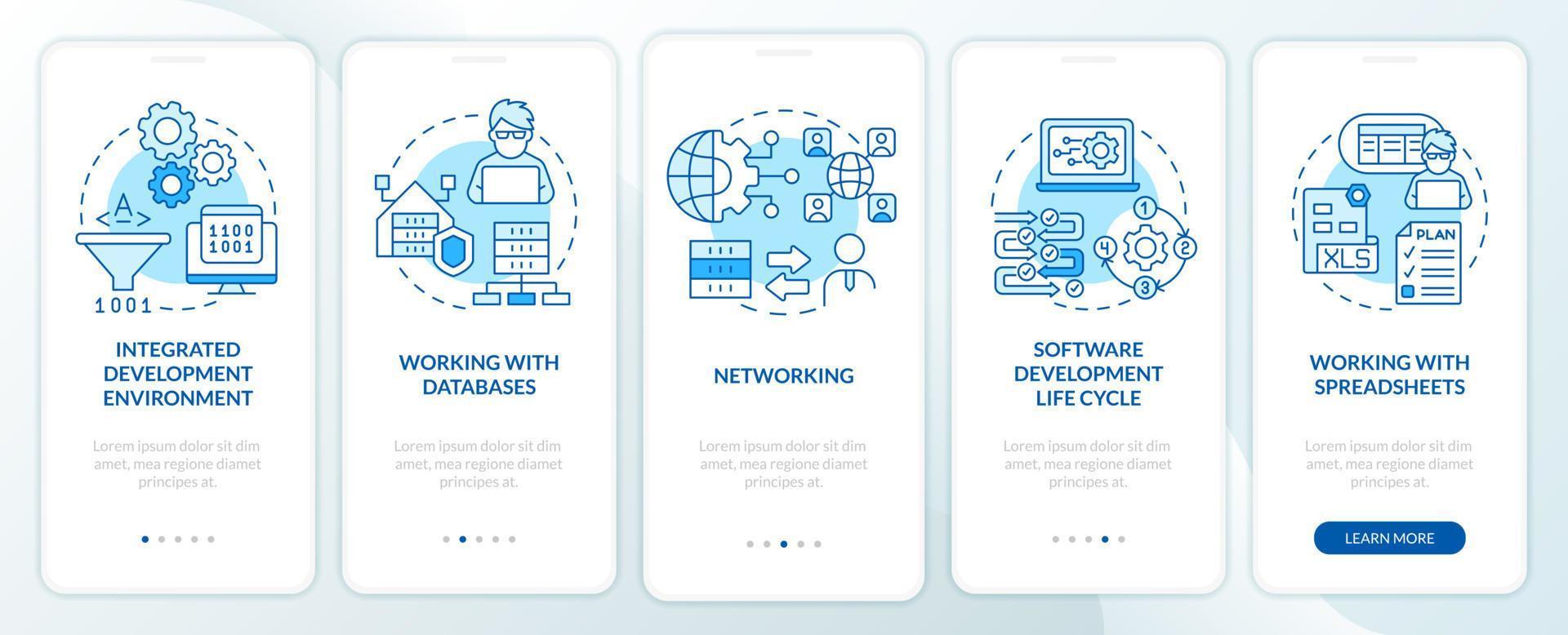 pantalla de la aplicación móvil de incorporación azul de habilidades de creación de programas. tutorial 5 pasos páginas de instrucciones gráficas con conceptos lineales. interfaz de usuario, ux, plantilla de interfaz gráfica de usuario. vector