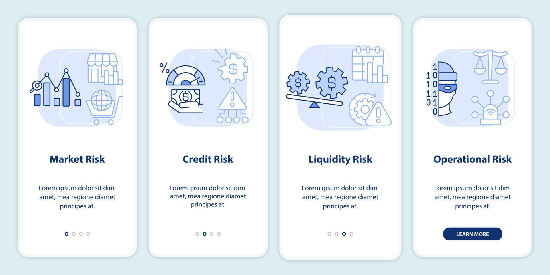 Risk categories light blue onboarding mobile app screen. Business plan walkthrough 4 steps graphic instructions pages with linear concepts. UI, UX, GUI template. vector