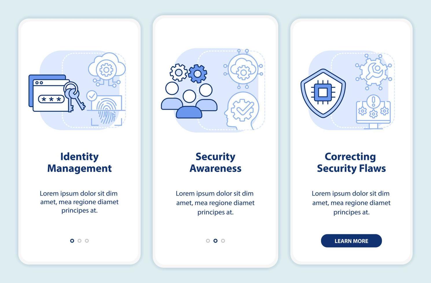 Cybersecurity risk management light blue onboarding mobile app screen. Walkthrough 3 steps graphic instructions pages with linear concepts. UI, UX, GUI template. vector