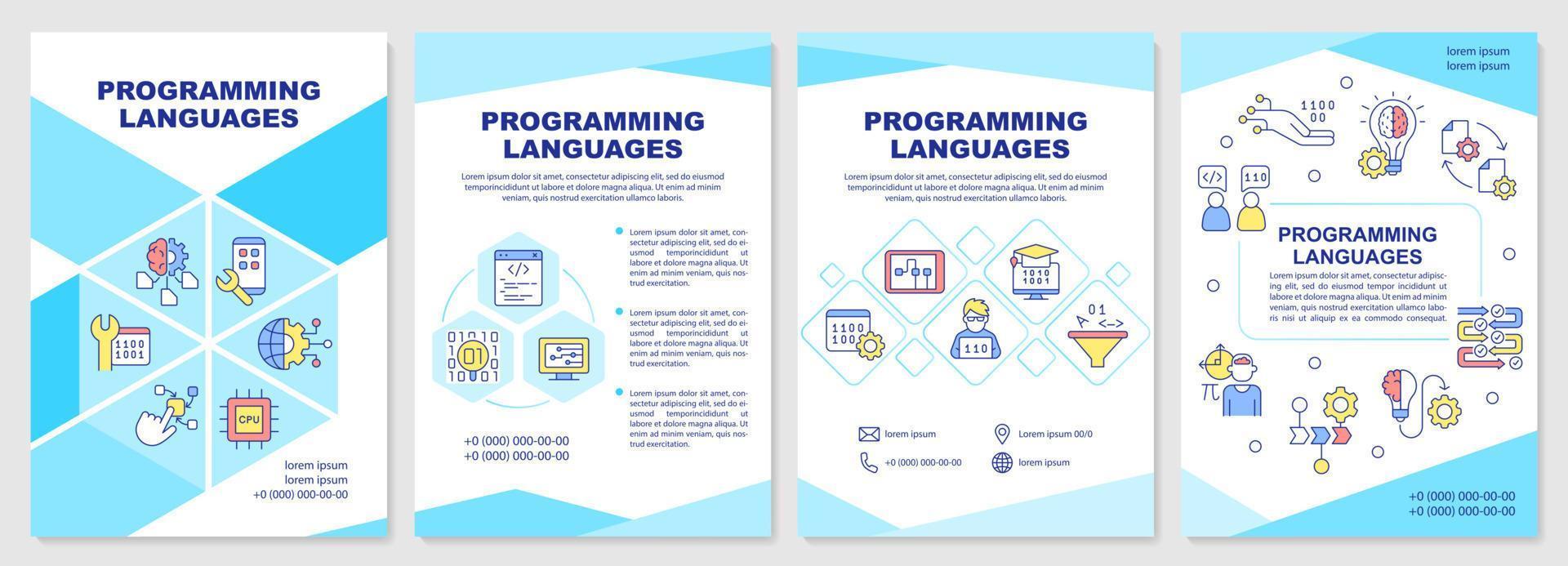 Programming languages brochure template. Set of instructions. Leaflet design with linear icons. 4 vector layouts for presentation, annual reports.