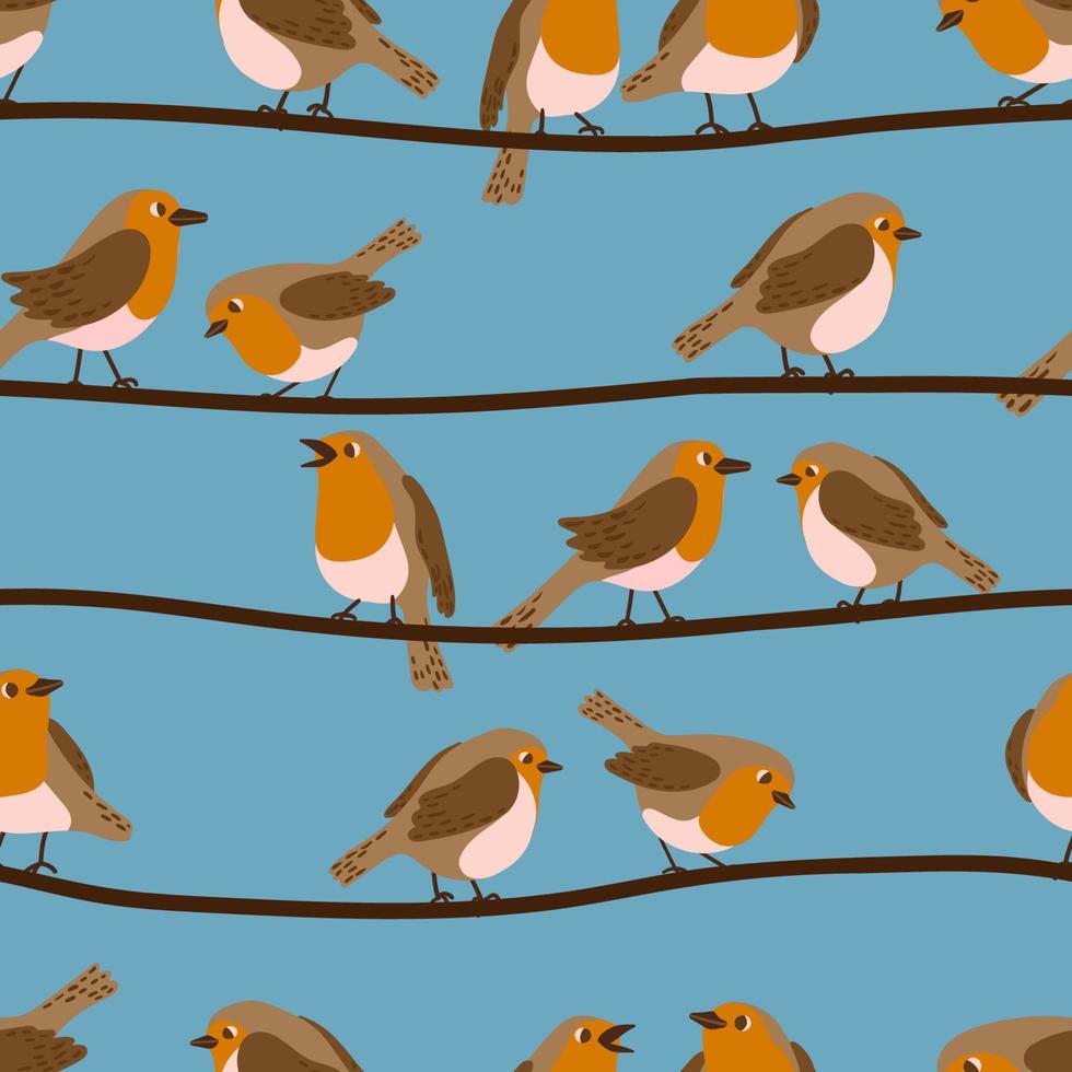 Flock of robin birds on power lines vector seamless pattern. Group of city urban birds sitting on electrical energy wires, telephone cables texture.