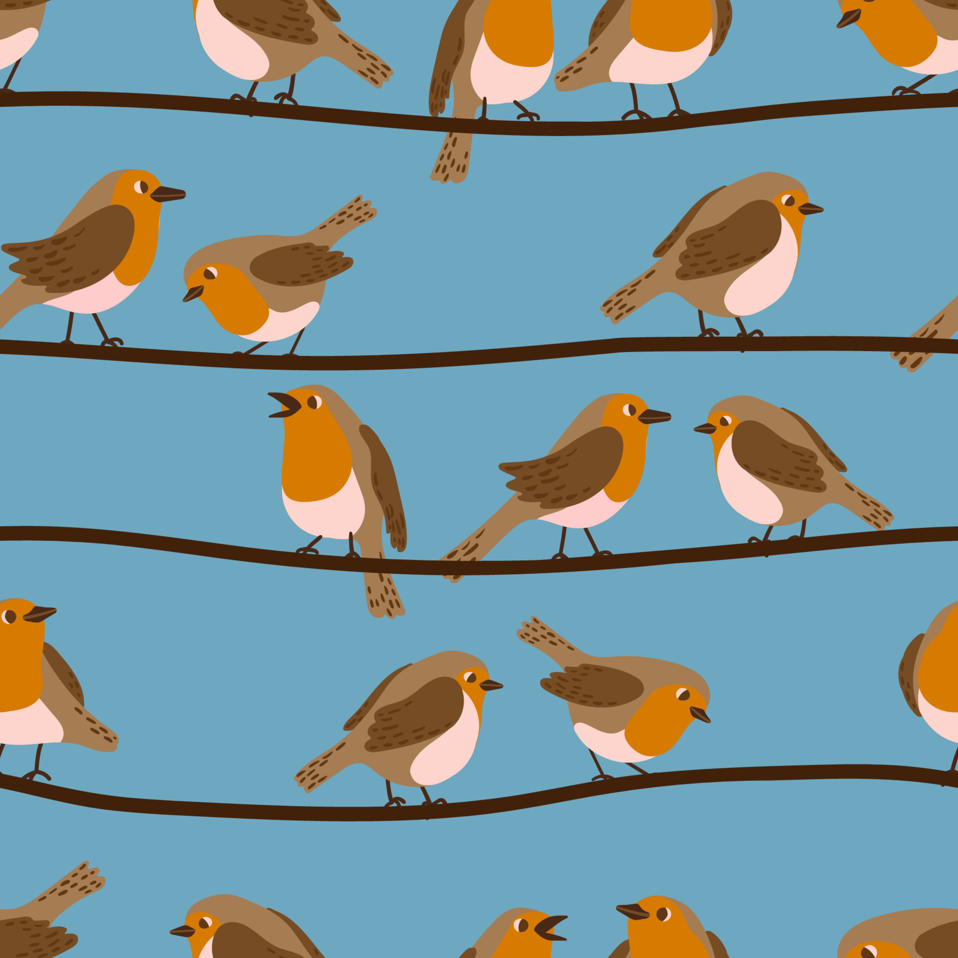 Flock of robin birds on power lines vector seamless pattern. Group of