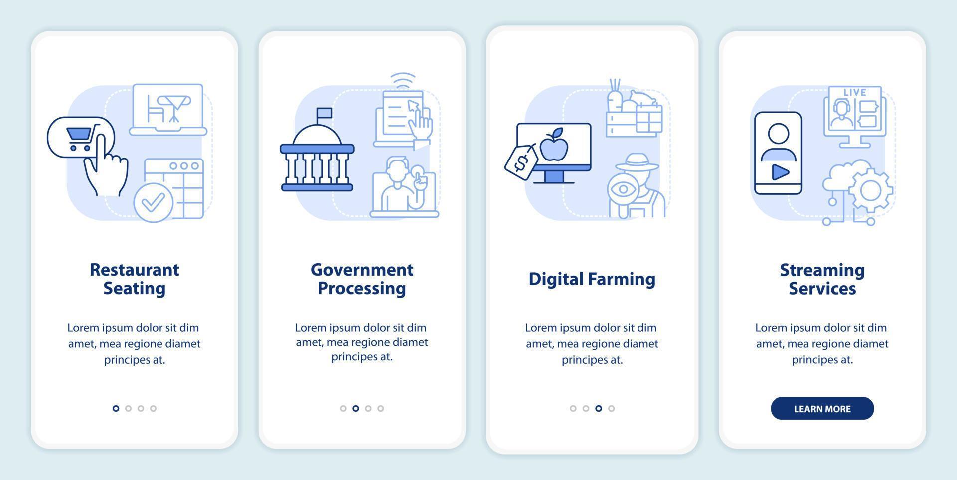 Primeros servicios digitales Pantalla de aplicación móvil de incorporación de color azul claro. tutorial de comercio electrónico 4 pasos páginas de instrucciones gráficas con conceptos lineales. interfaz de usuario, ux, plantilla de interfaz gráfica de usuario. vector