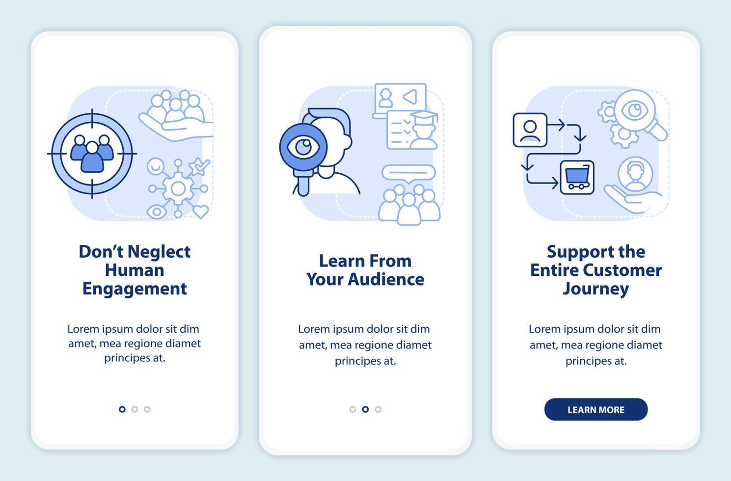 People first mindset light blue onboarding mobile app screen. Walkthrough 3 steps graphic instructions pages with linear concepts. UI, UX, GUI template. vector