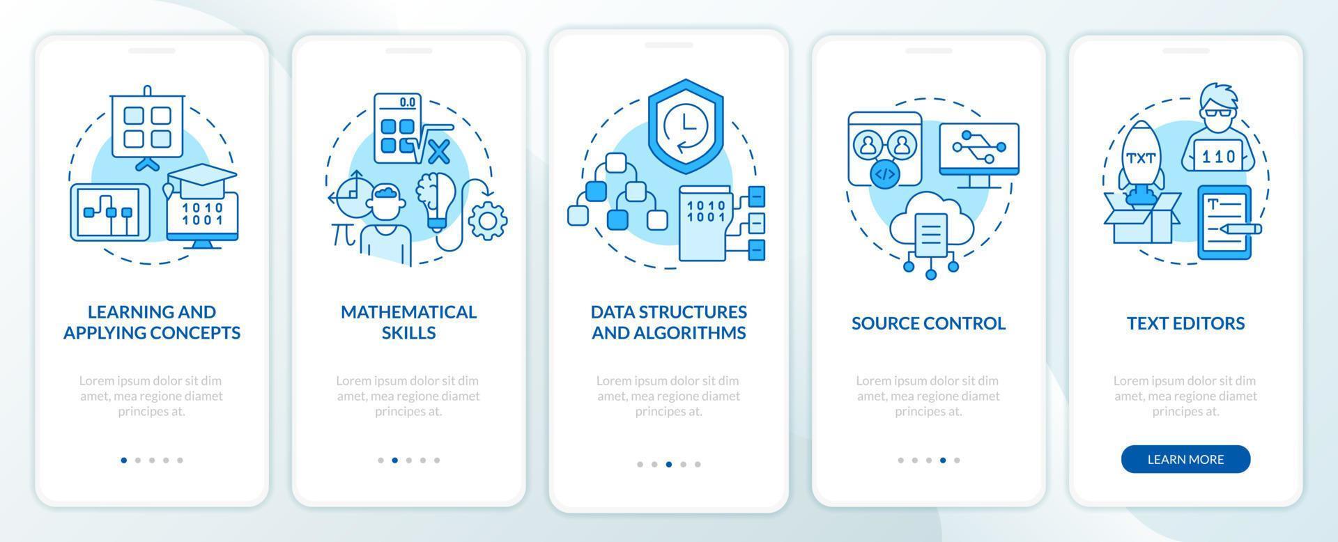 Habilidades de desarrollo de programas Pantalla azul de incorporación de la aplicación móvil. tutorial 5 pasos páginas de instrucciones gráficas con conceptos lineales. interfaz de usuario, ux, plantilla de interfaz gráfica de usuario. vector