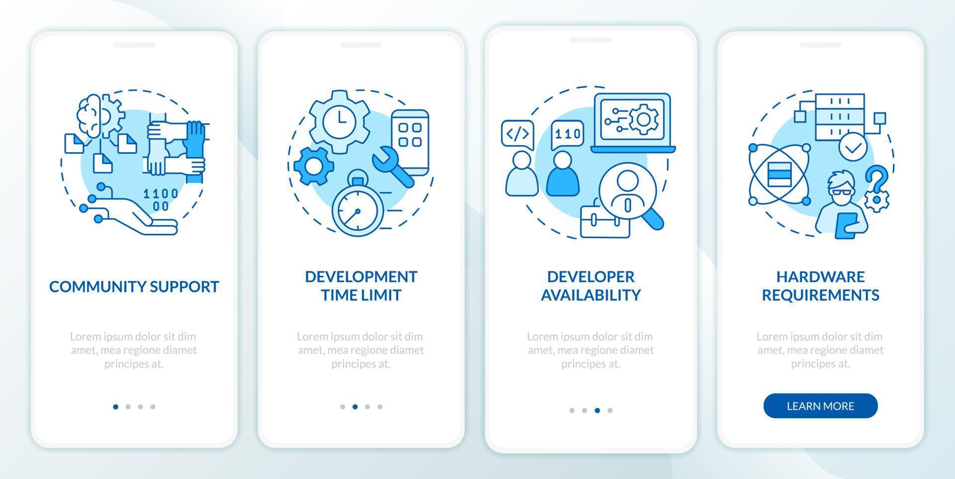 Programing language selection criteria blue onboarding mobile app screen. Walkthrough 4 steps graphic instructions with linear concepts. UI, UX, GUI template. vector