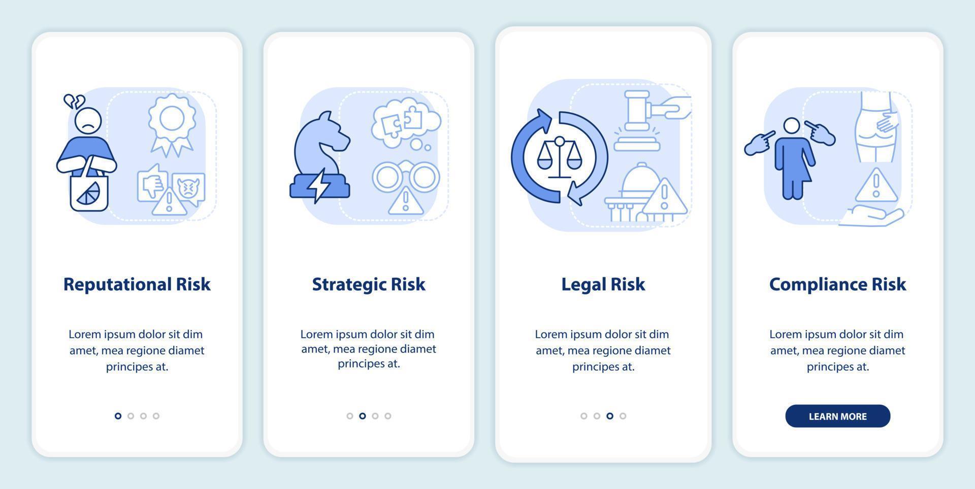 Risk categorizations light blue onboarding mobile app screen. Issues walkthrough 4 steps graphic instructions pages with linear concepts. UI, UX, GUI template. vector