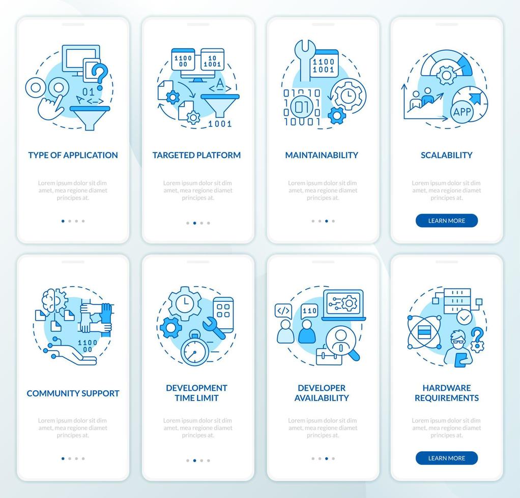 conjunto de pantalla de aplicación móvil de incorporación azul de elección de lenguaje de programación. tutorial 5 pasos páginas de instrucciones gráficas con conceptos lineales. interfaz de usuario, ux, plantilla de interfaz gráfica de usuario. vector