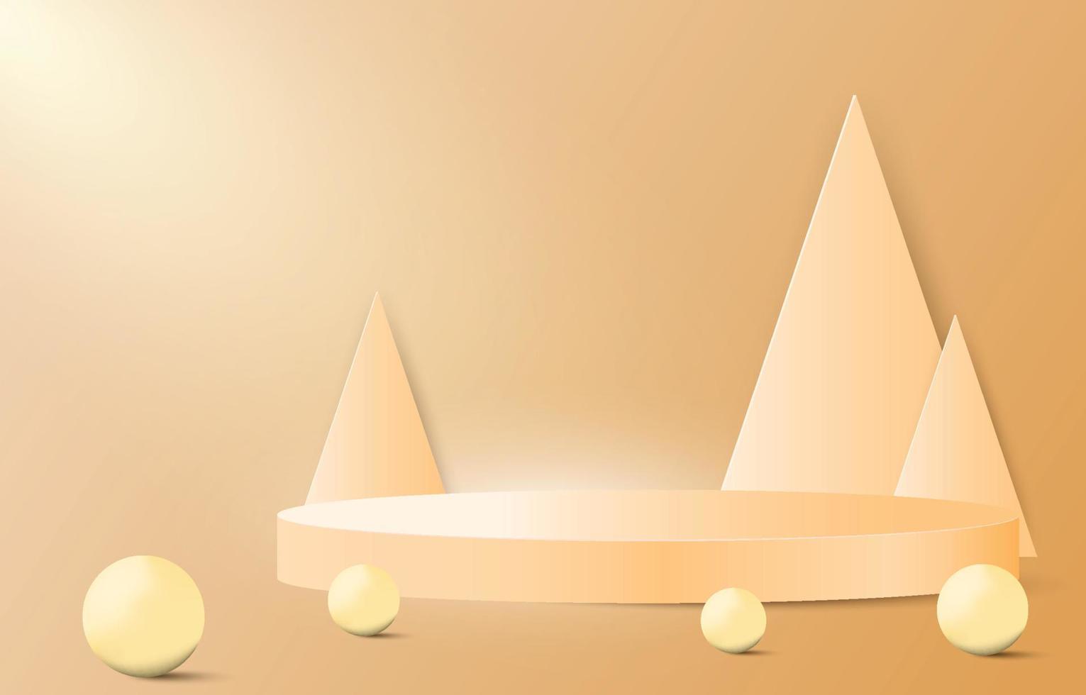 Gold Christmas podium decorated with pine trees and golden balls. Empty cylinder mockup background image concept. Vector for design sales and product advertising materials.