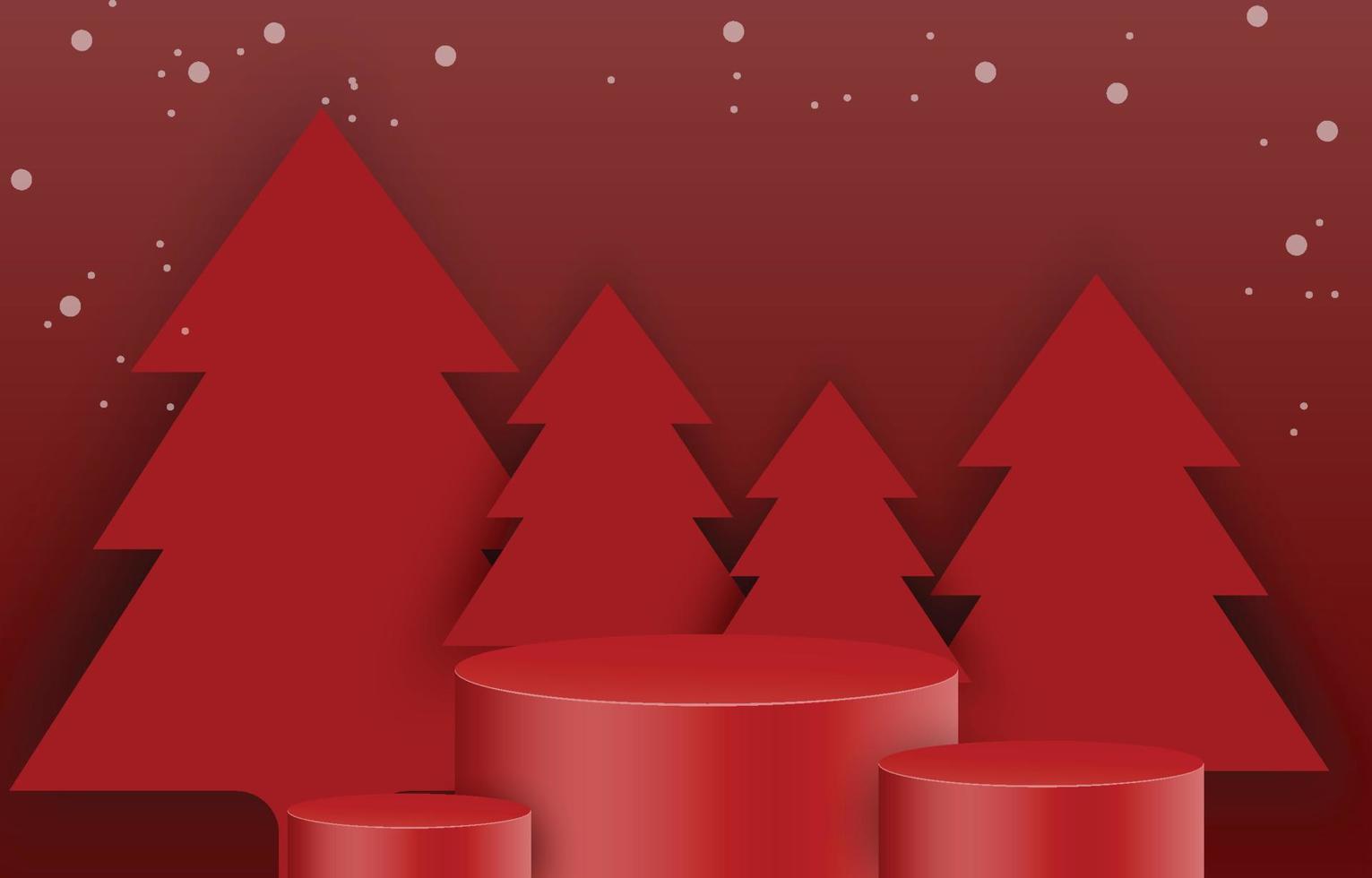 Red Christmas podium decorated with pine trees. Empty cylinder mockup background image concept. Vector for design sales and product advertising materials.