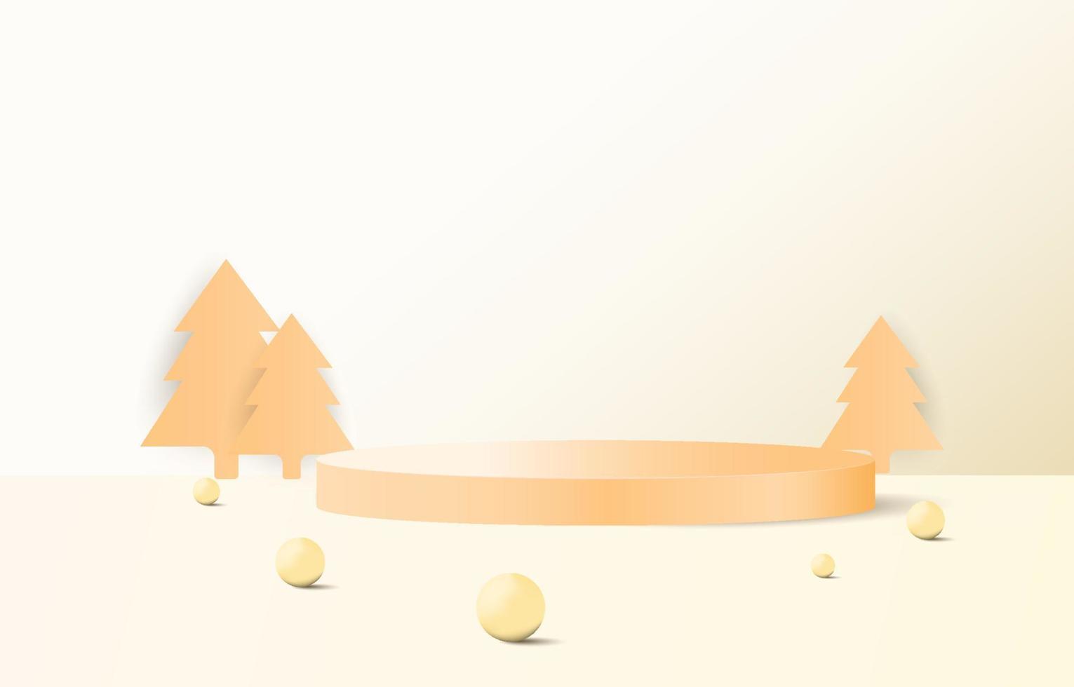 Gold Christmas podium decorated with pine trees and golden balls. Empty cylinder mockup background image concept. Vector for design sales and product advertising materials.