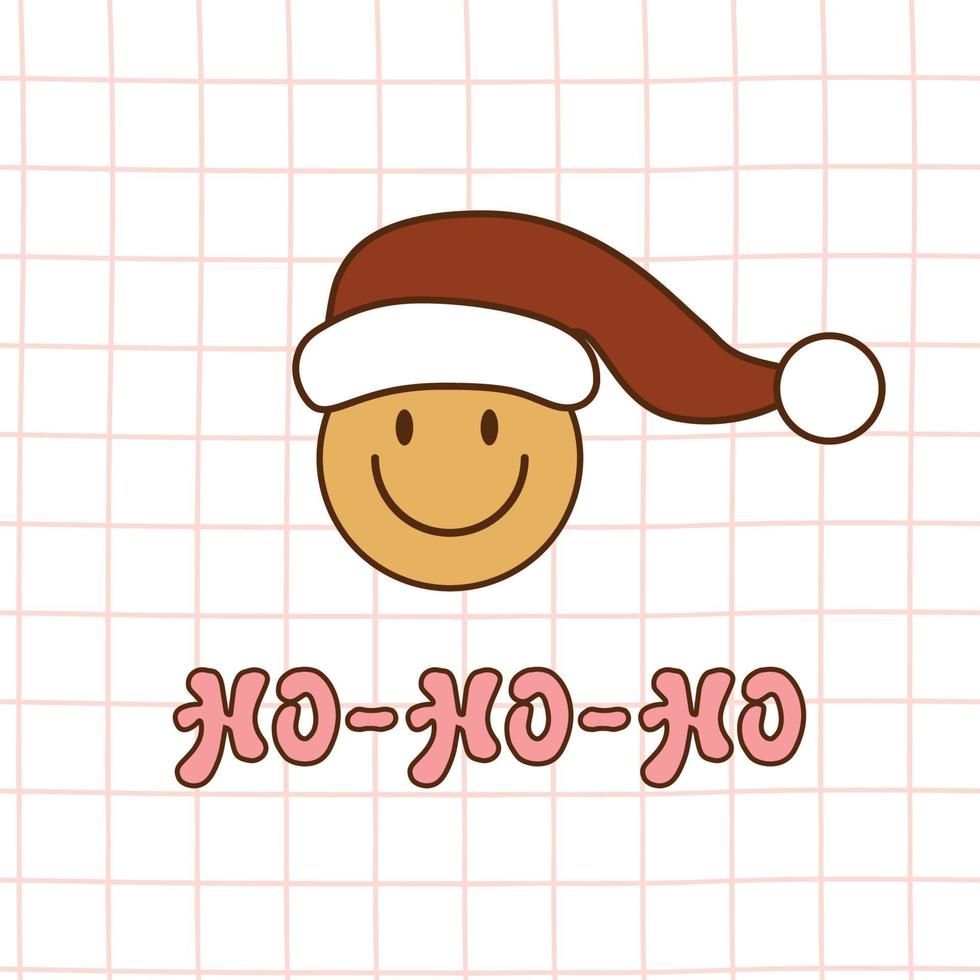 maravilloso navidad santa diciendo ho-ho-ho. símbolo retro hippie maravilloso de los años 70, cara sonriente con sombrero de navidad en el fondo a cuadros. tarjeta vintage de los setenta, pancarta, afiche. ilustración vectorial vector