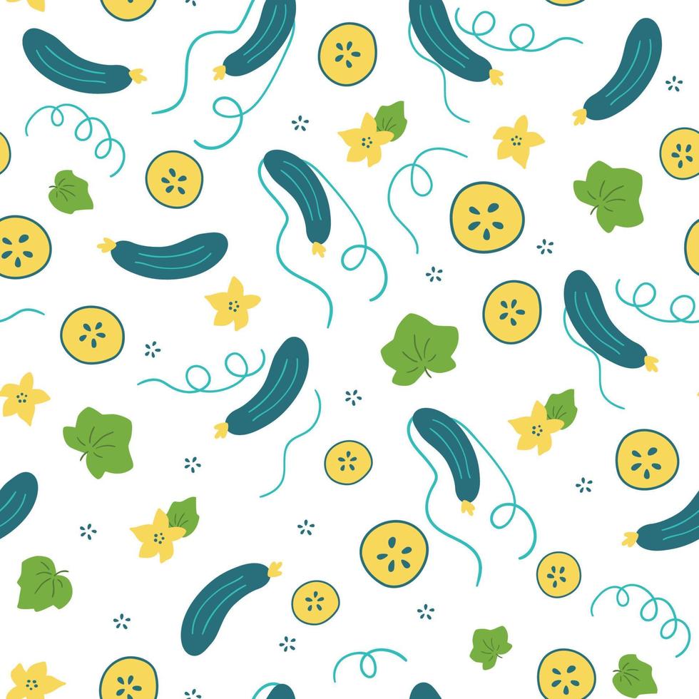 Cucumber pattern with cucumber slices, plant, flowers, leaves. Garden vegetables seamless texture on white background. Healthy food or cosmetic ingredient pattern. Vector illustration.