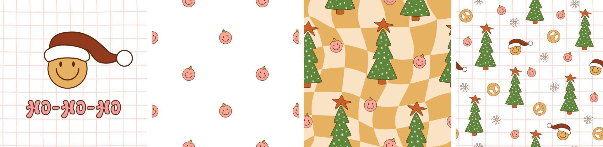 Groovy Christmas pattern set. Retro 70s Hippie Groovy Christmas tree, groovy Santa, peace symbol in retro checkered seamless background. Winter holiday seventies surface design. Vector illustration.