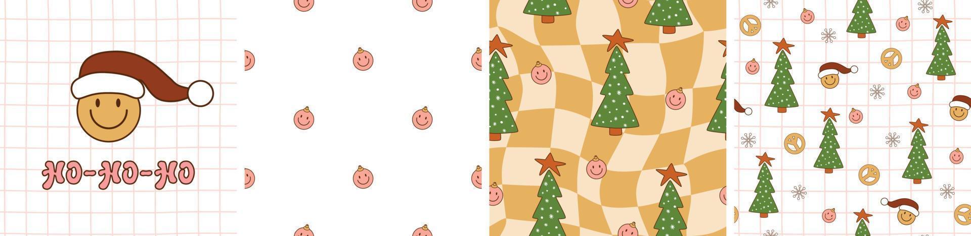 maravilloso conjunto de patrones navideños. árbol de navidad hippie retro de los años 70, santa genial, símbolo de paz en un fondo retro a cuadros sin costuras. diseño de superficie de vacaciones de invierno de los setenta. ilustración vectorial vector