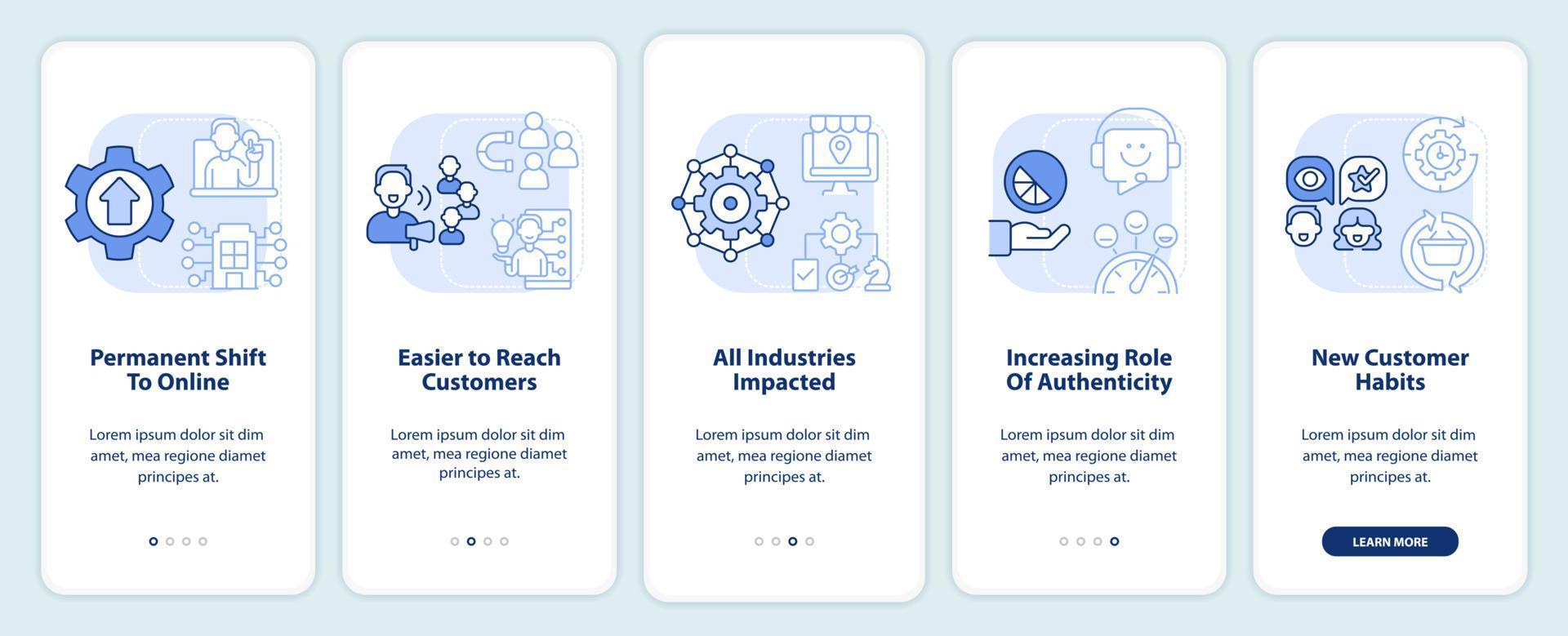 por qué la primera mentalidad digital es esencial pantalla de aplicación móvil de incorporación azul claro. Instrucciones gráficas de 5 pasos con conceptos lineales. interfaz de usuario, ux, plantilla de interfaz gráfica de usuario. vector