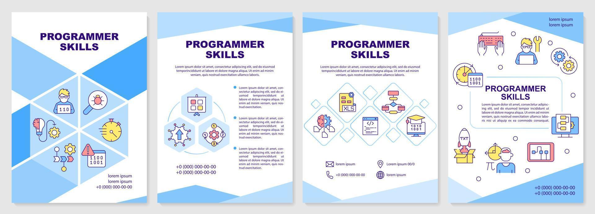 Programmer skills brochure template. Professional developer. Leaflet design with linear icons. 4 vector layouts for presentation, annual reports.