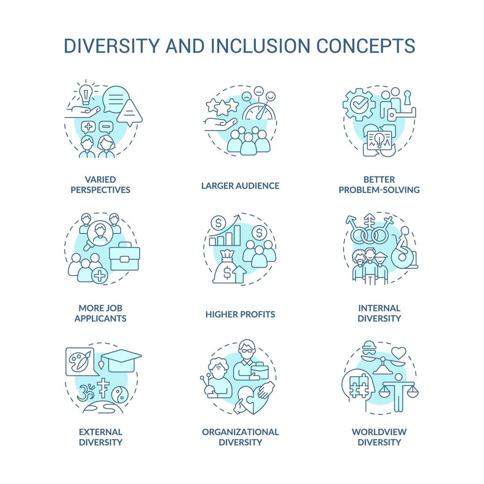 Diversity and inclusion turquoise concept icons set. Varied perspectives idea thin line color illustrations. Isolated symbols. Editable stroke. vector