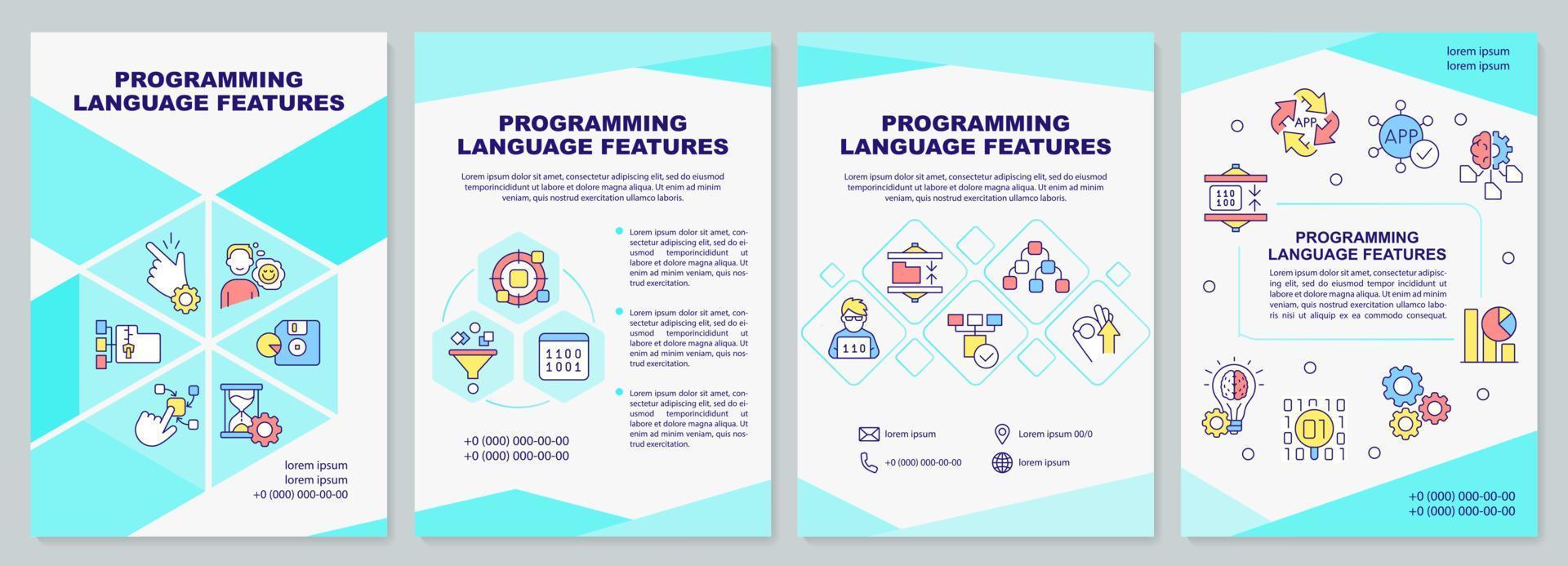 plantilla de folleto de características de lenguaje de programación. código de escritura. diseño de folletos con iconos lineales. 4 diseños vectoriales para presentación, informes anuales. vector