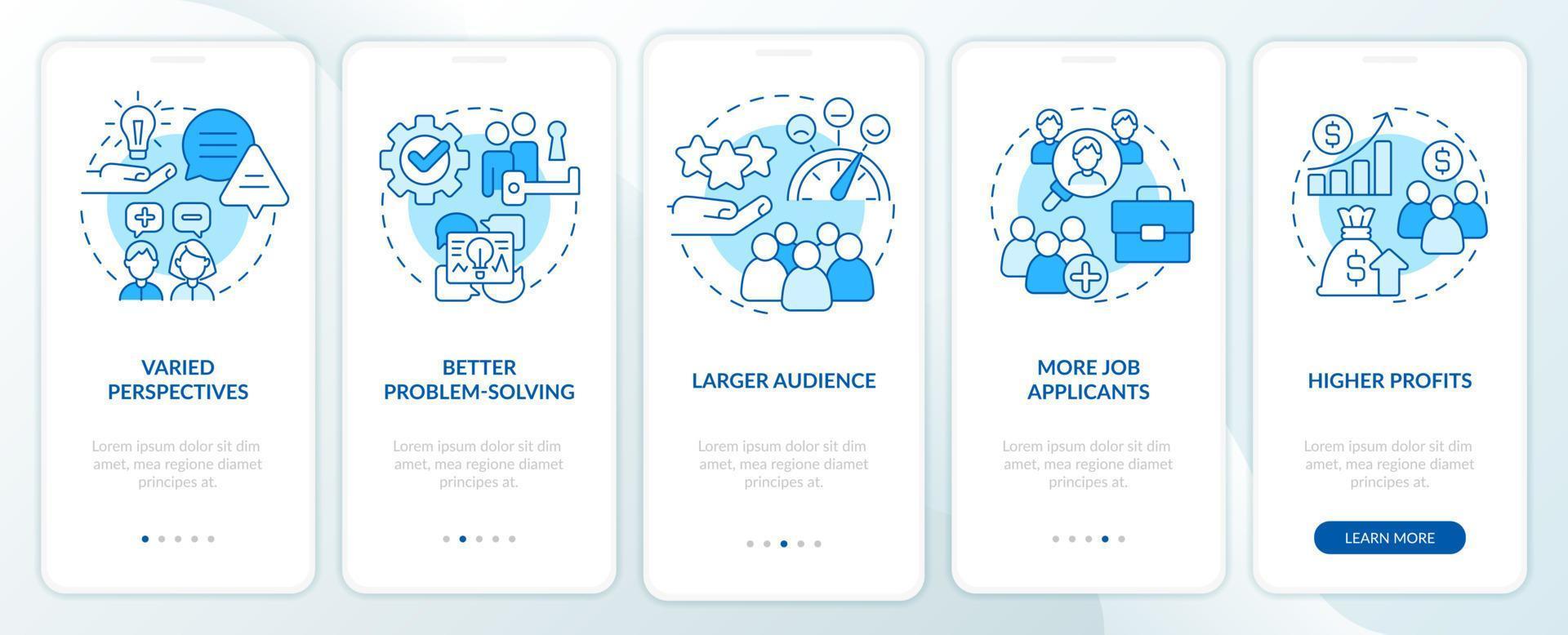 Workplace diversity advantages blue onboarding mobile app screen. Walkthrough 5 steps editable graphic instructions with linear concepts. UI, UX, GUI template. vector