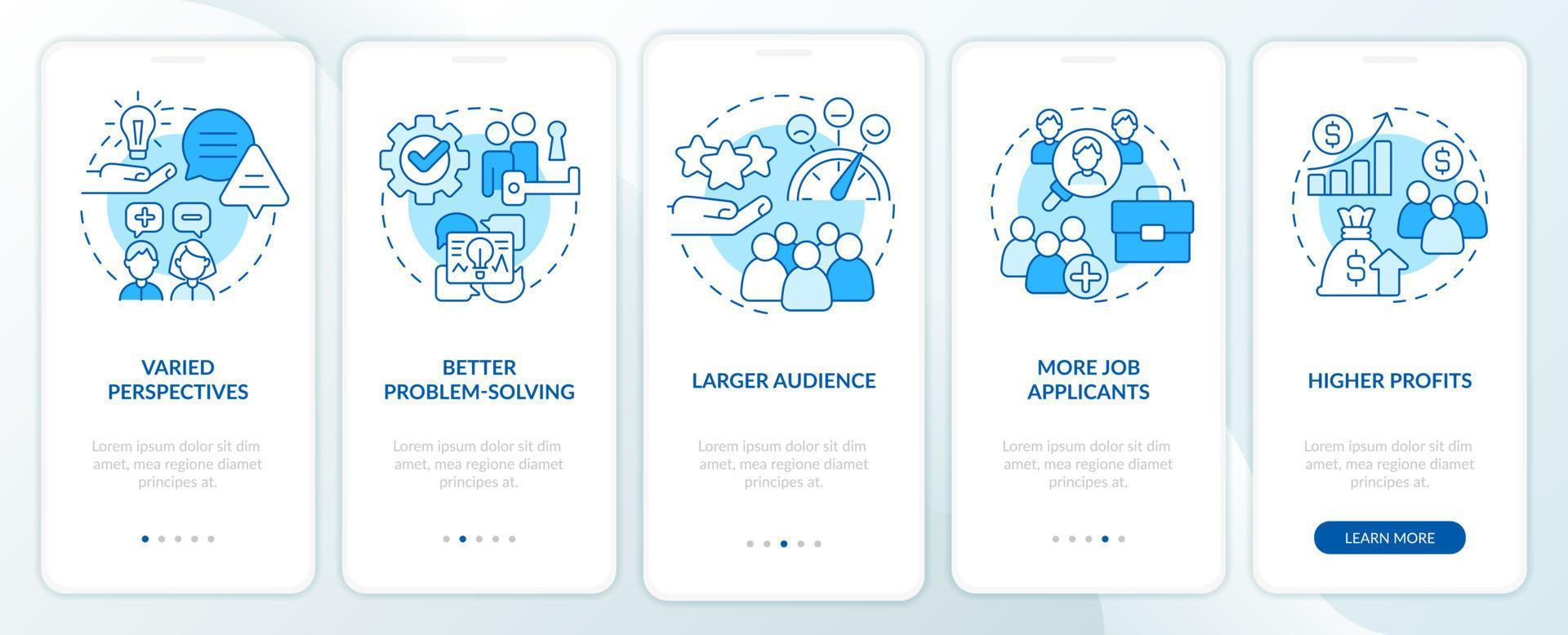 ventajas de la diversidad en el lugar de trabajo pantalla azul de la aplicación móvil de incorporación. tutorial 5 pasos instrucciones gráficas editables con conceptos lineales. interfaz de usuario, ux, plantilla de interfaz gráfica de usuario. vector