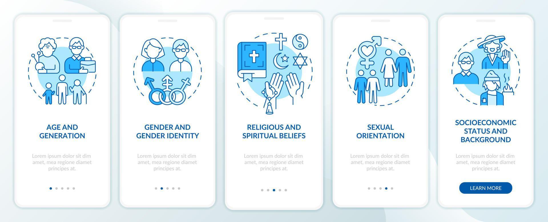 Types of diversity blue onboarding mobile app screen. Differences walkthrough 5 steps editable graphic instructions with linear concepts. UI, UX, GUI template. vector