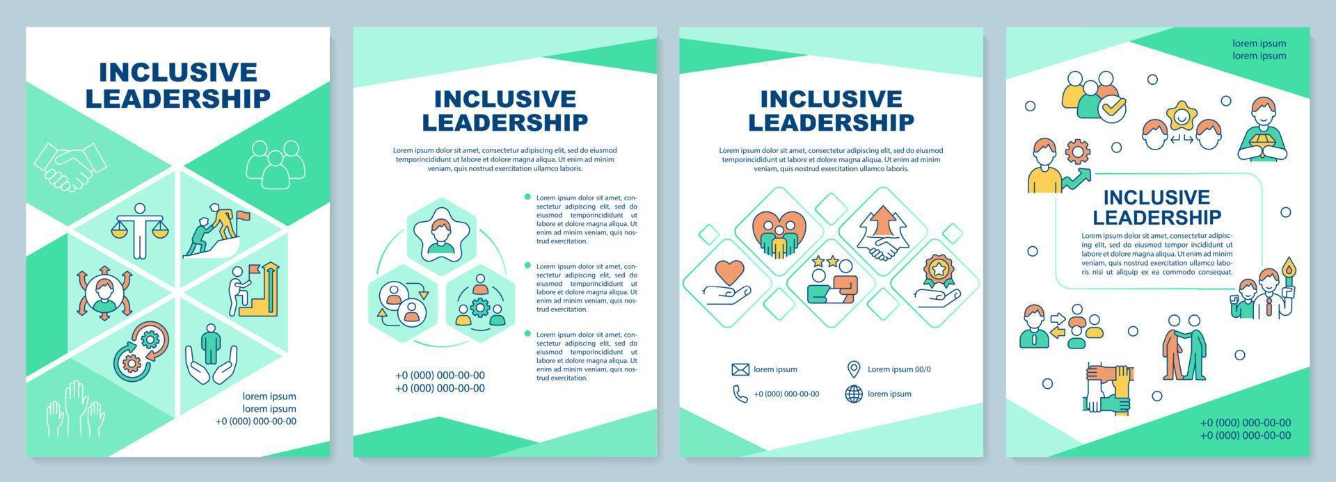 plantilla de folleto verde de liderazgo inclusivo. gestión de equipos. diseño de folletos con iconos lineales. 4 diseños vectoriales editables para presentación, informes anuales. vector