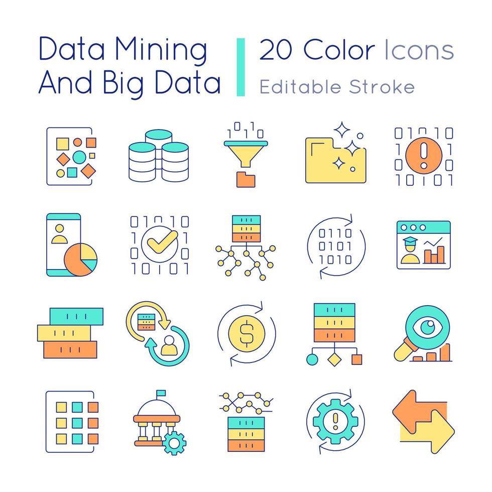 Data mining and big data RGB color icons set. Computing analytics. Isolated vector illustrations. Computer science. Simple filled line drawings collection. Editable stroke.