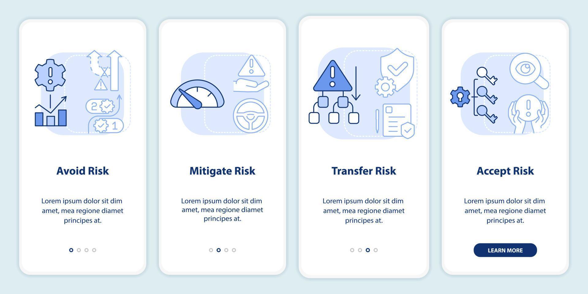 Risk management steps light blue onboarding mobile app screen. Solution walkthrough 4 steps graphic instructions pages with linear concepts. UI, UX, GUI template. vector