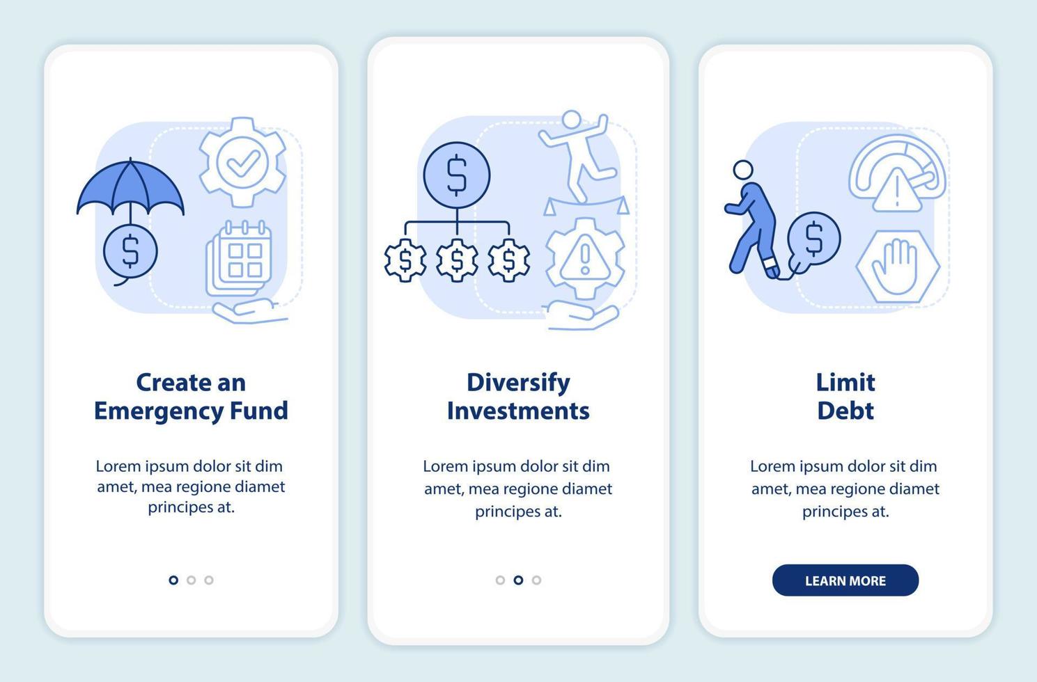 Steps to risk management light blue onboarding mobile app screen. Walkthrough 3 steps graphic instructions pages with linear concepts. UI, UX, GUI template. vector