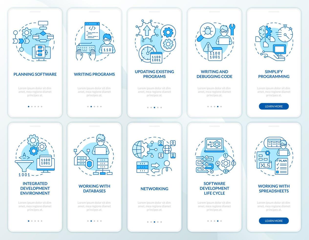 conjunto de pantalla de aplicación móvil de incorporación azul de habilidades de programador profesional. tutorial 5 pasos páginas de instrucciones gráficas con conceptos lineales. interfaz de usuario, ux, plantilla de interfaz gráfica de usuario. .. vector