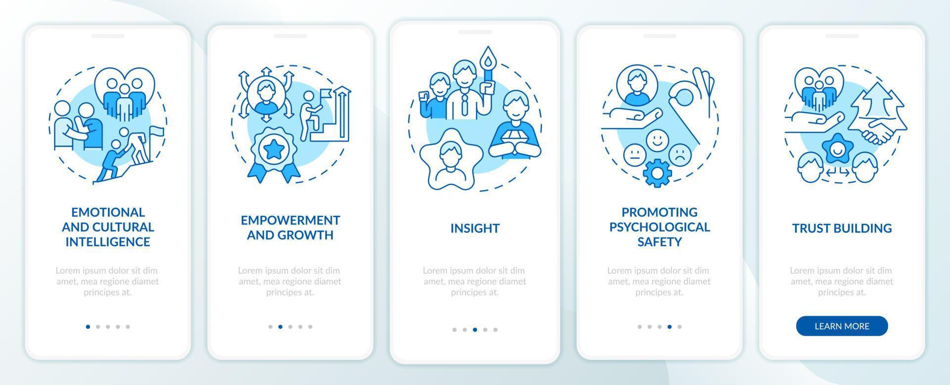 Traits of inclusive leaders blue onboarding mobile app screen. Walkthrough 5 steps editable graphic instructions with linear concepts. UI, UX, GUI template. vector